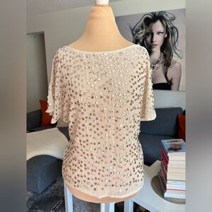 Jennifer Lopez Cream Sequin Short Sleeve Blouse